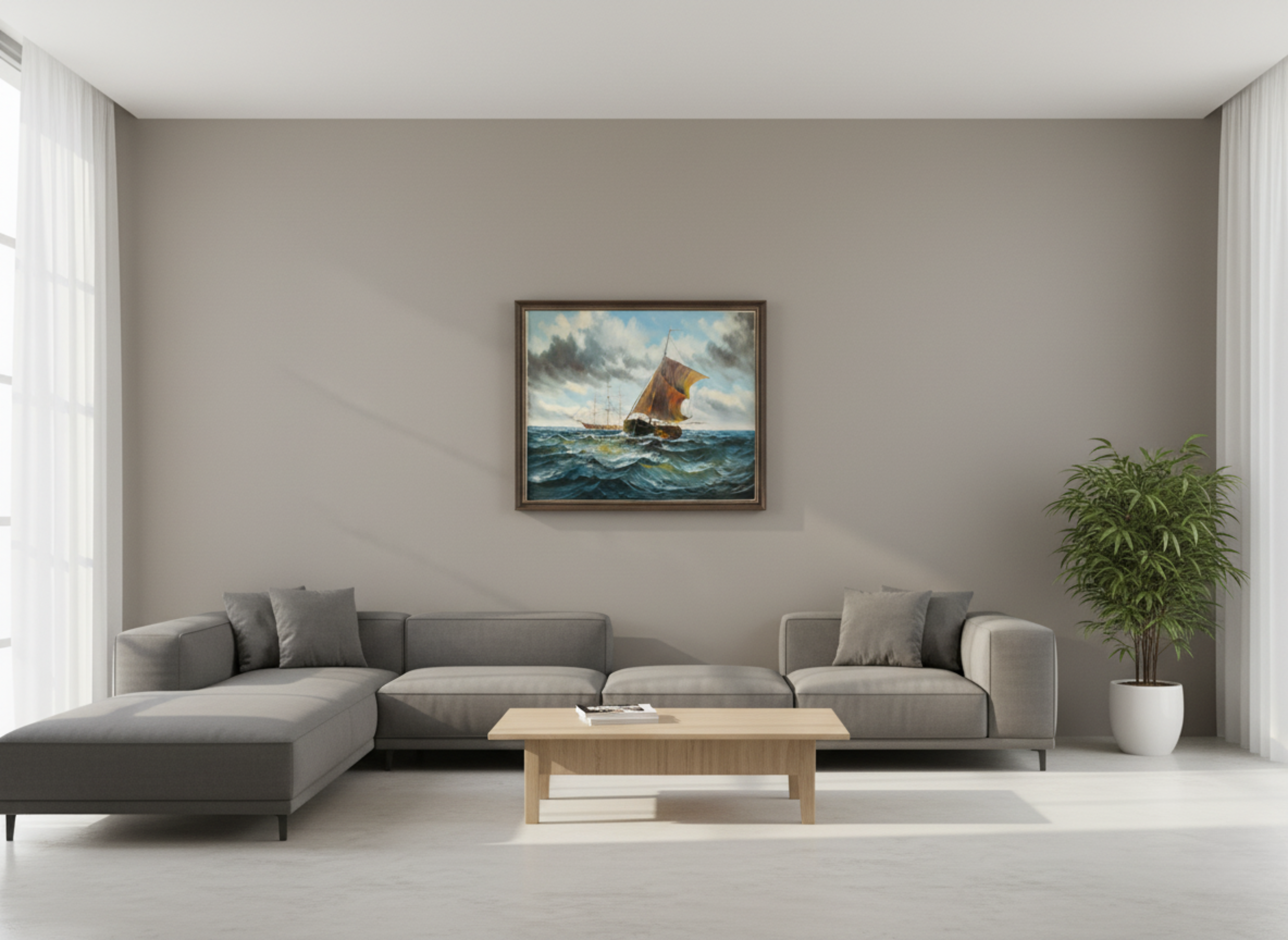 Modern living room with a gray sectional sofa, wooden coffee table, and a painting of a sailboat on the wall.