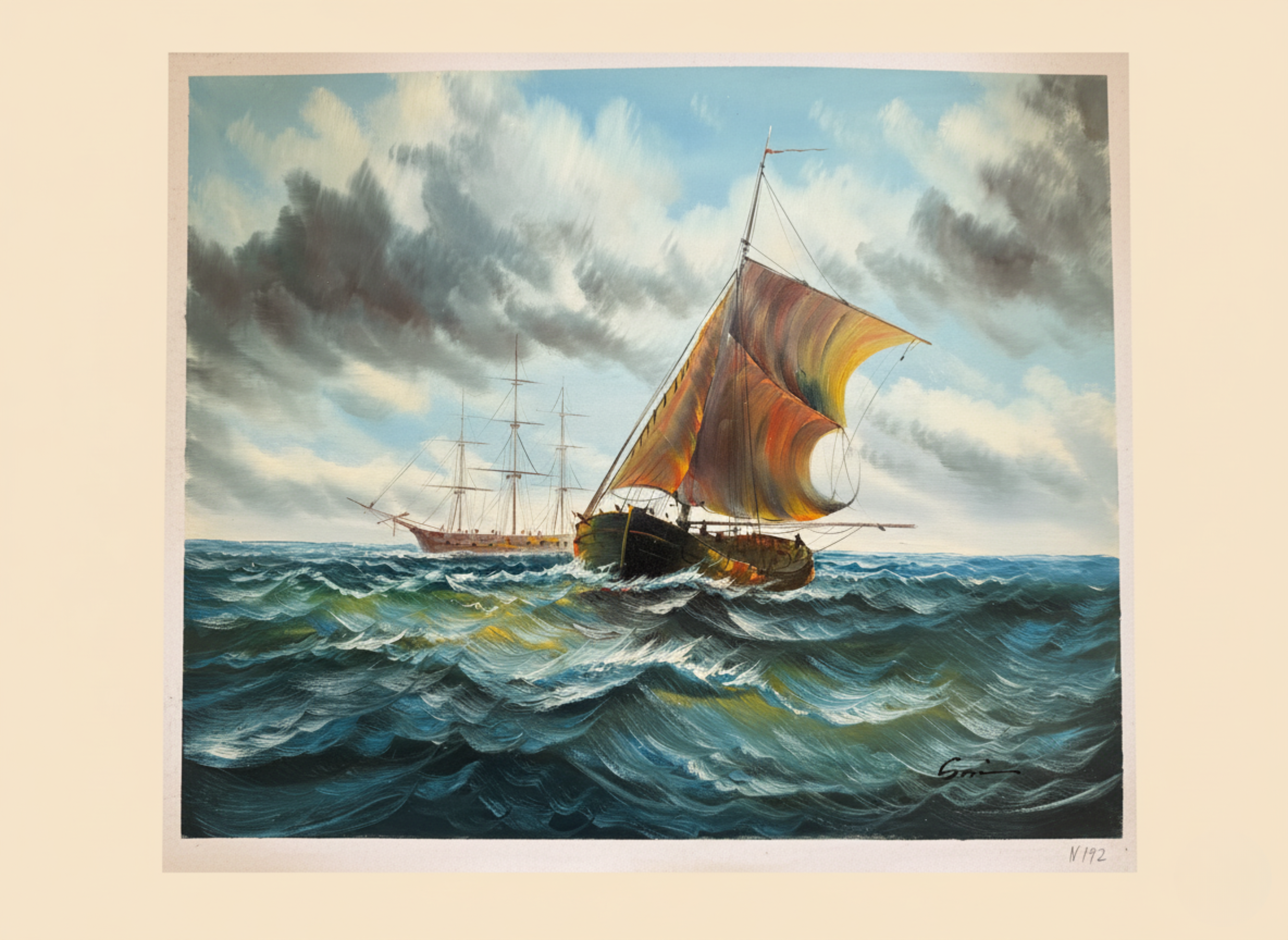 Painting of a ship with a large sail on choppy waters under a dramatic sky.
