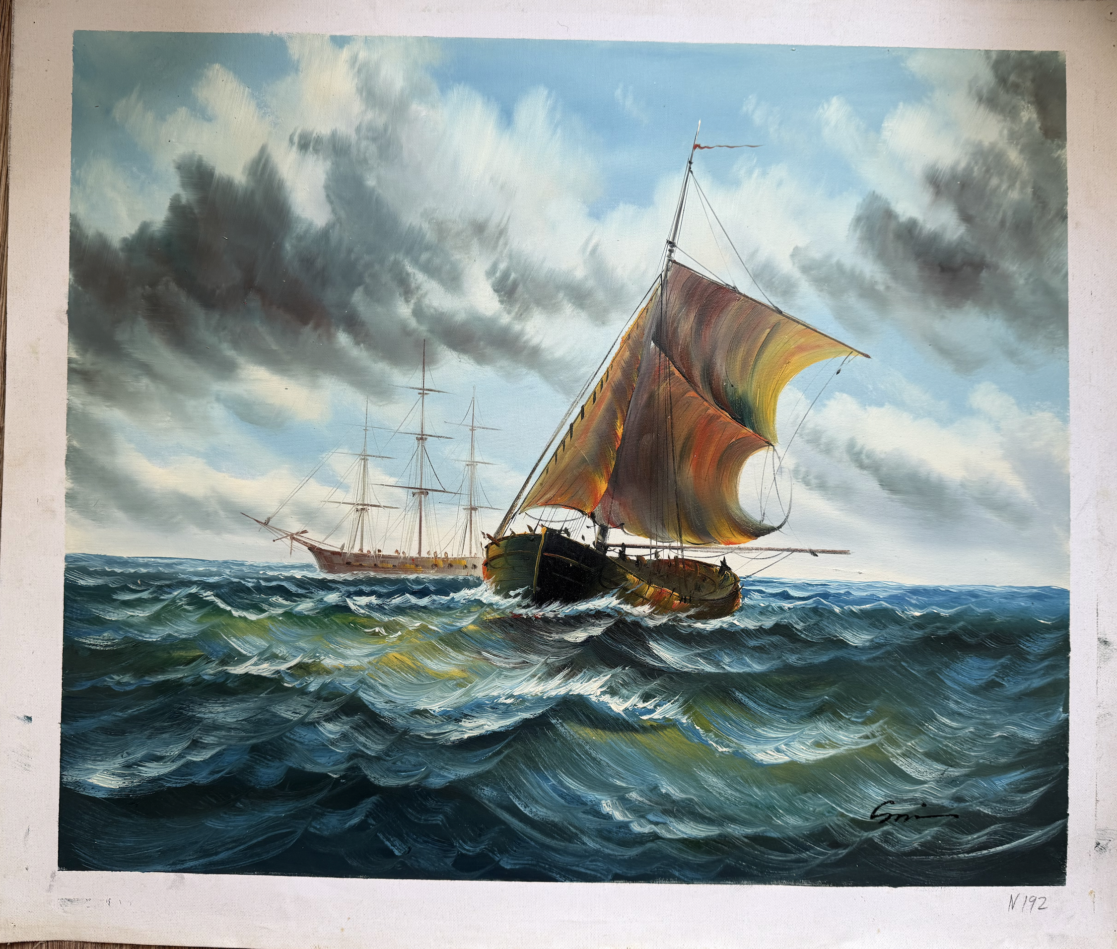 Painting of a ship with a sail on choppy waters under a cloudy sky
