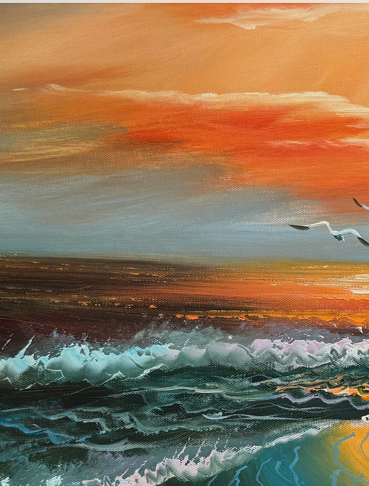 Painting of a sunset over the ocean with a bird flying.