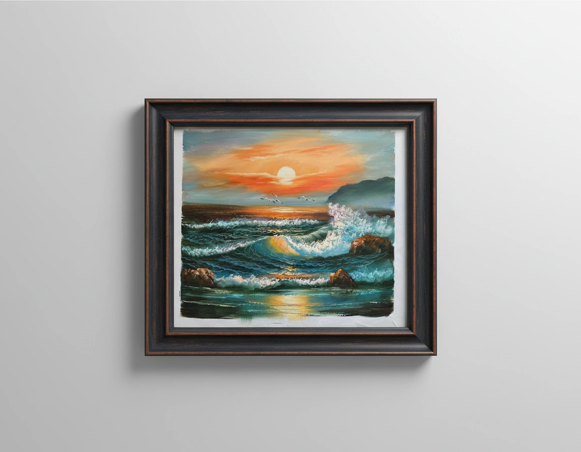 Framed painting of a sunset over the ocean with waves crashing against rocks on a gray wall.