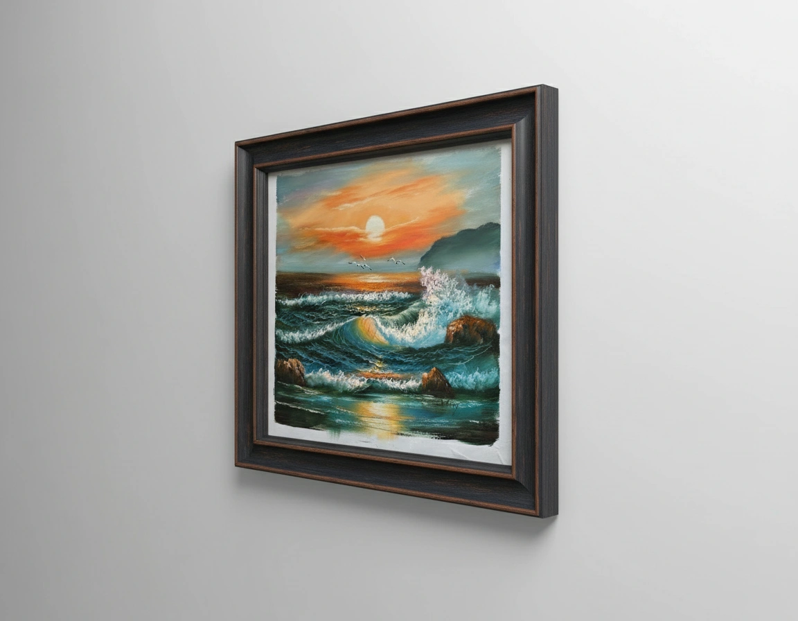 Framed painting of a sunset over the ocean on a white wall