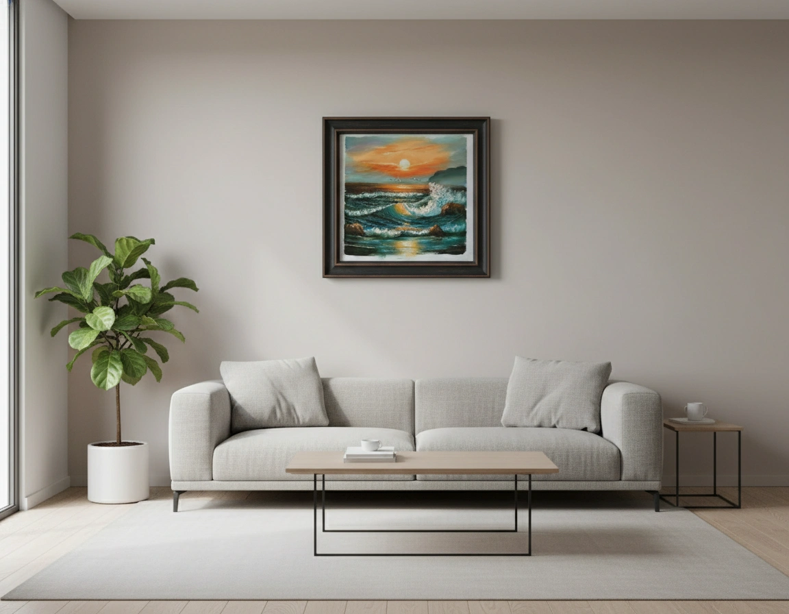 Modern living room with a gray sofa, coffee table, and wall art.