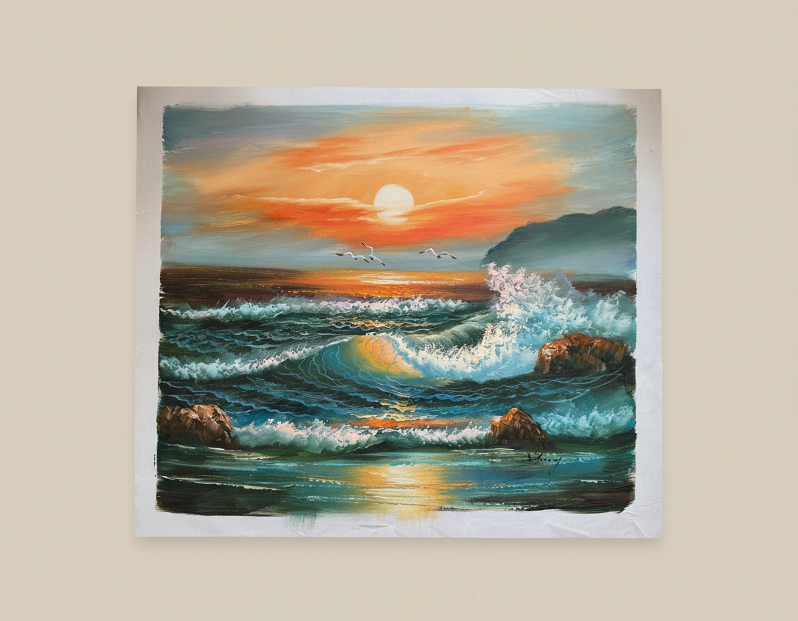 Painting of a sunset over the ocean with waves and rocks on a beige wall.