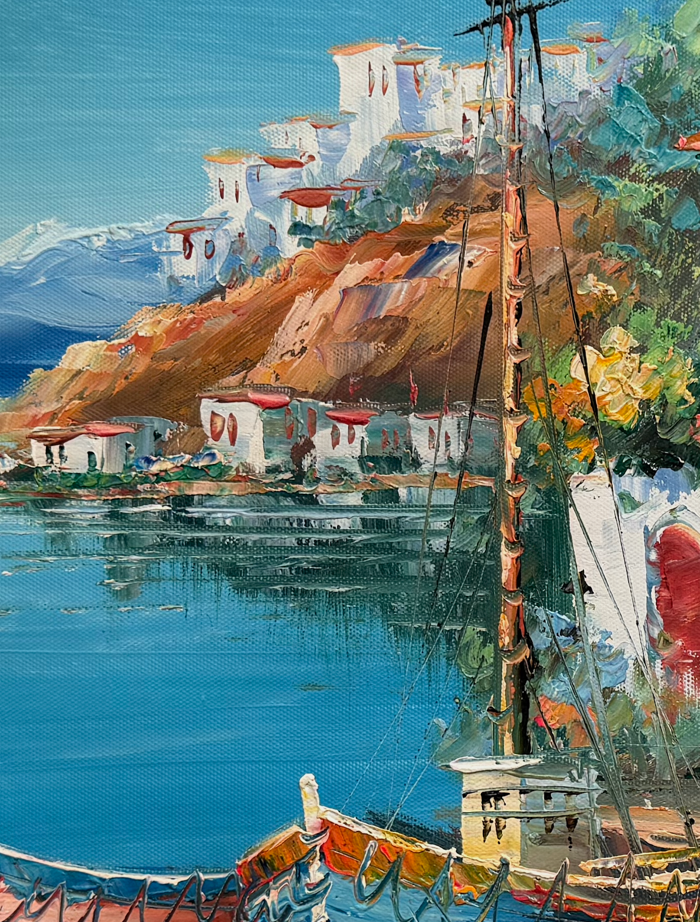 Painting of a coastal scene with buildings, water, and a sailboat.