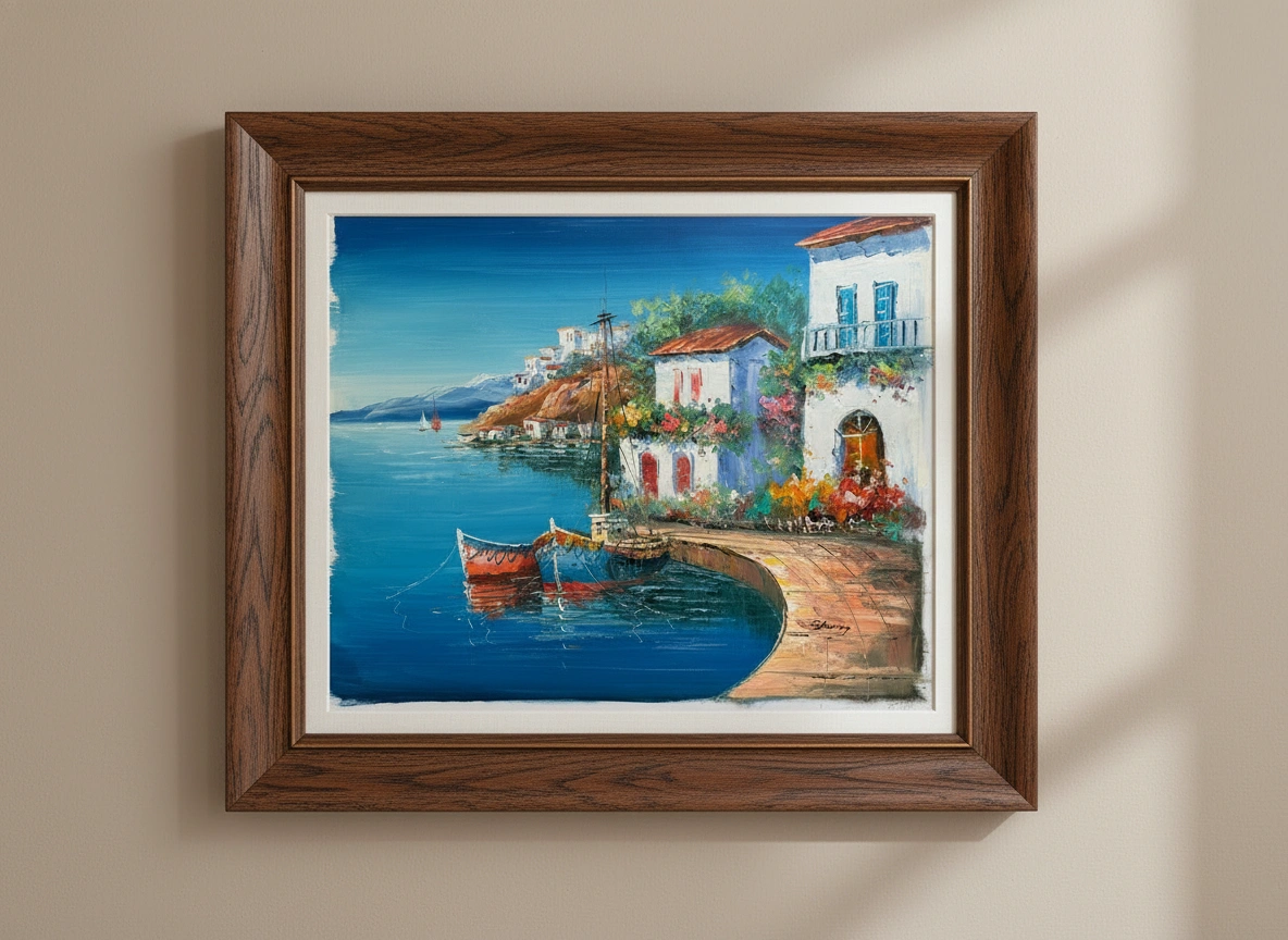 Framed painting of a coastal scene with houses and a boat on a beige wall.