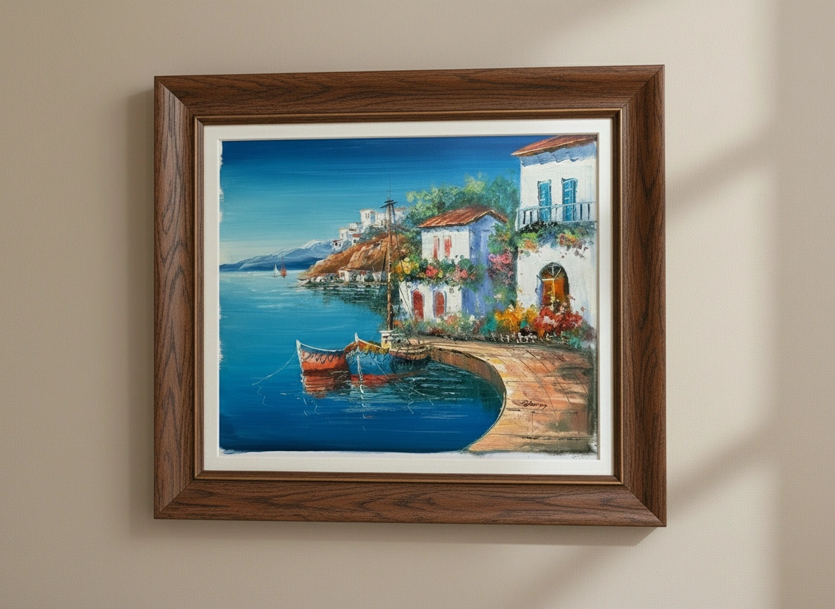 Framed painting of a coastal scene with a boat and buildings.