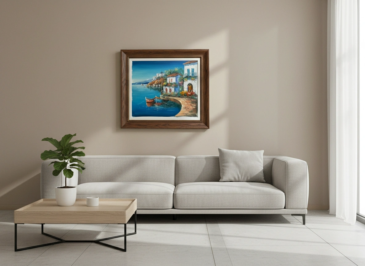 Modern living room with a gray sofa, wooden coffee table, and framed artwork on the wall.