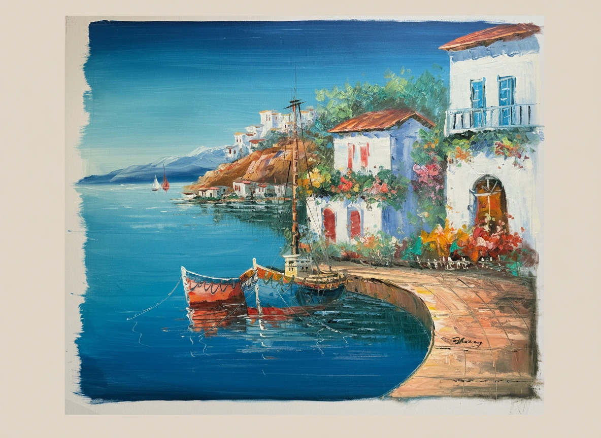 Painting of a coastal scene with boats and buildings.