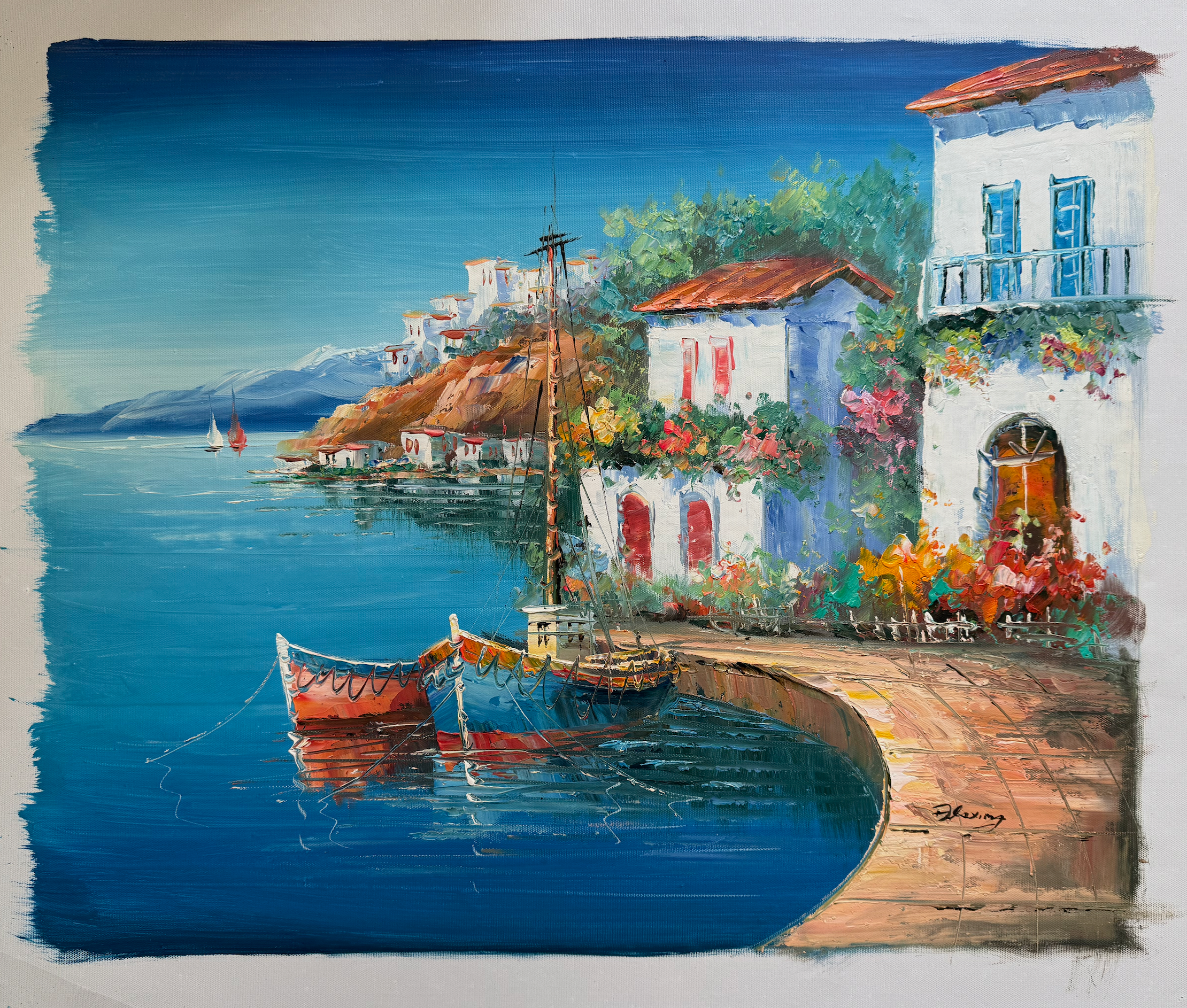 Painting of a coastal scene with boats and colorful buildings.