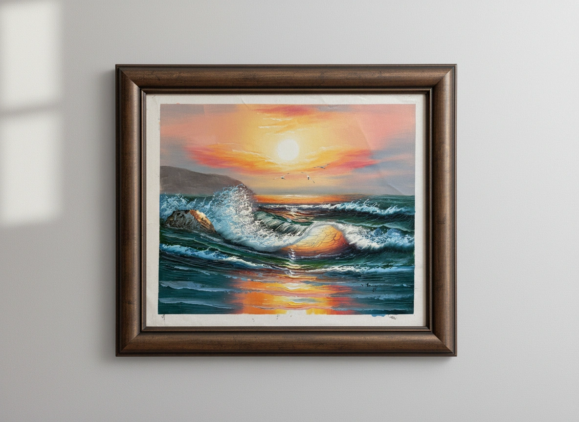 Framed painting of a sunset over the ocean with a wooden frame.