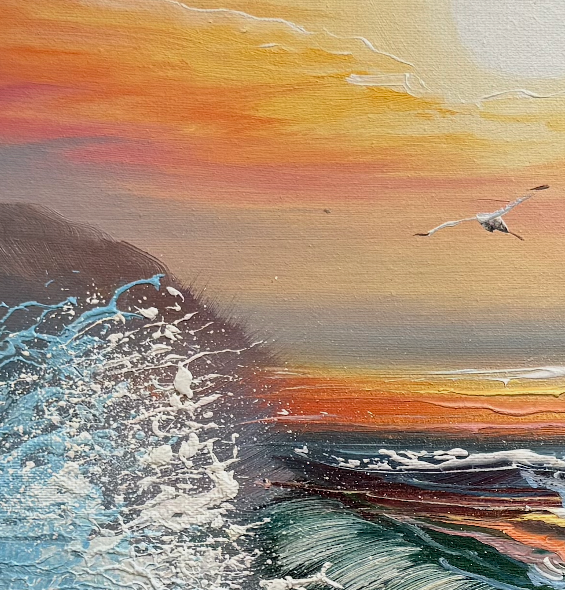 Abstract painting of a sunset over water with a bird flying.