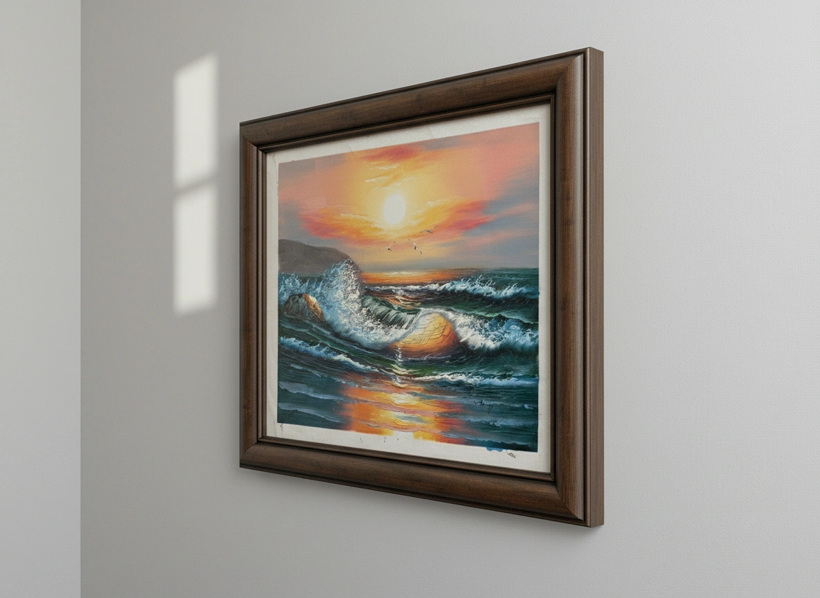 Framed painting of a sunset over water on a wall