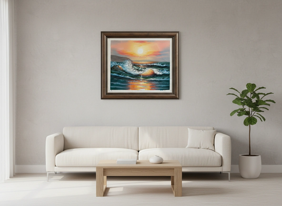 Framed artwork of a sunset over water in a living room with a white sofa and plant.