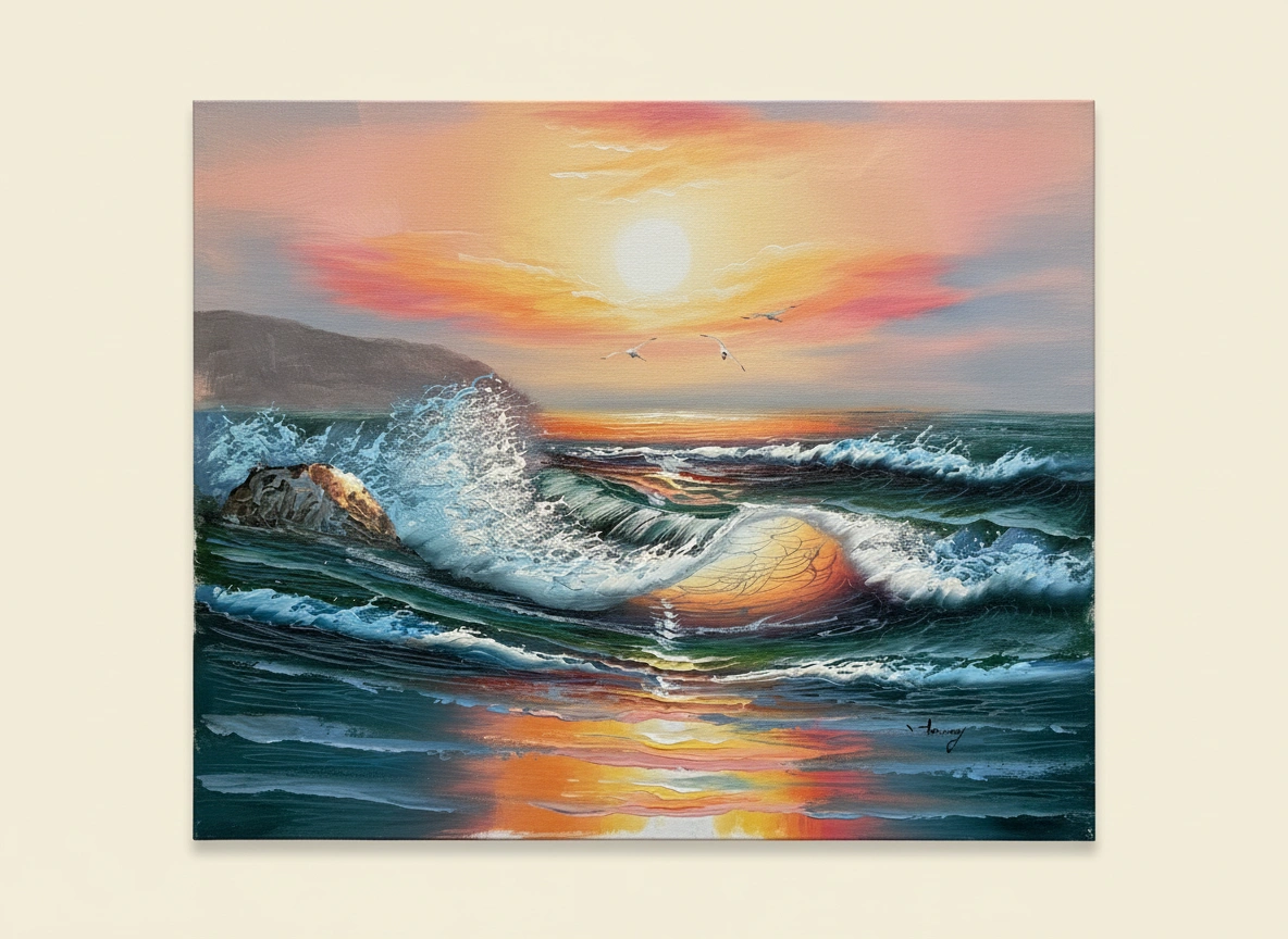 Painting of a sunset over the ocean with waves crashing against rocks.