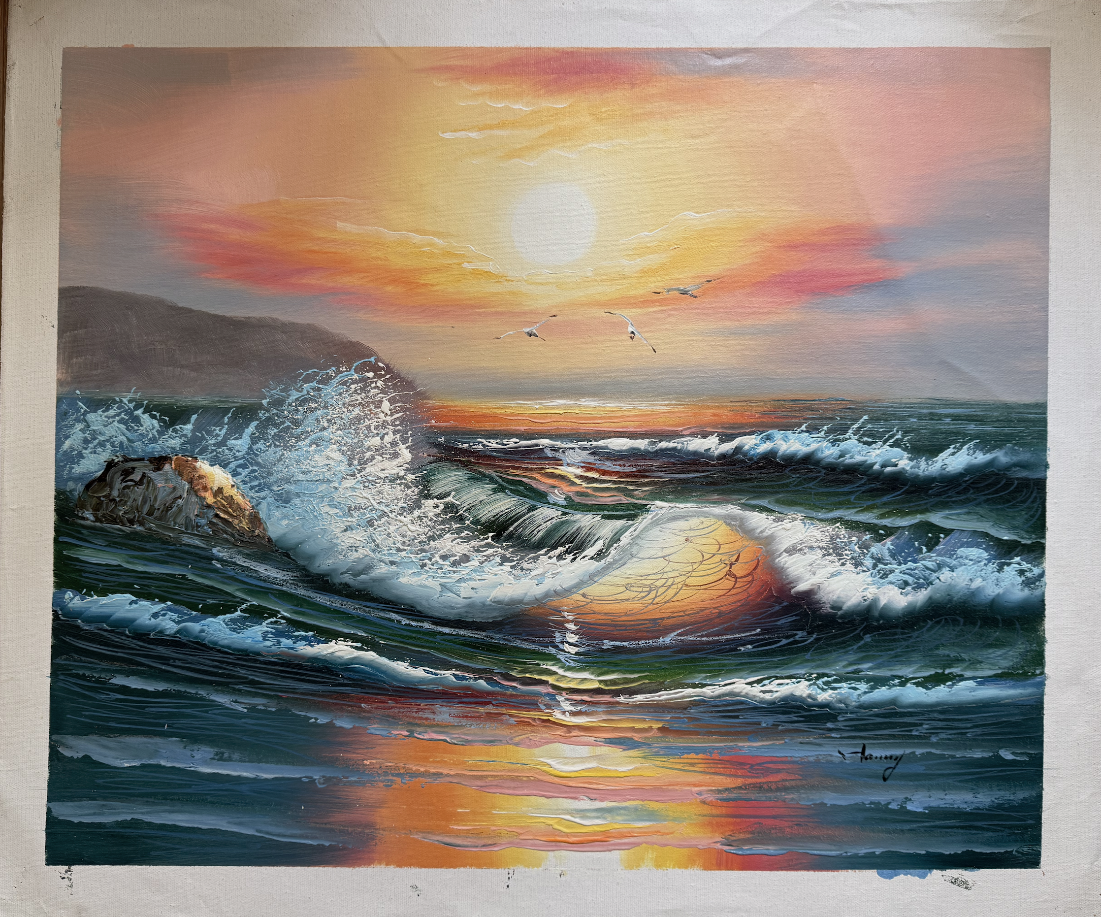 Painting of a sunset over the ocean with waves crashing against rocks.