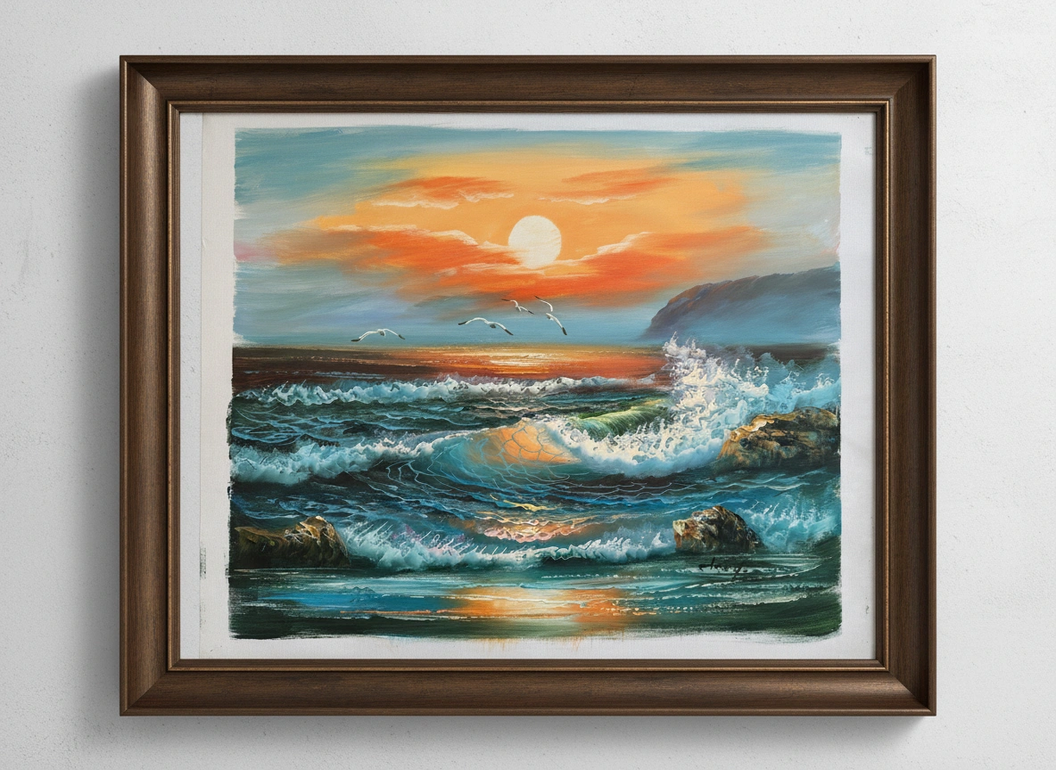 Framed painting of a sunset over the ocean with waves and birds.