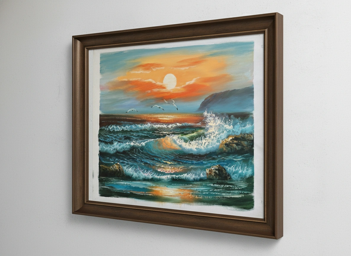 Framed painting of a sunset over the ocean with a wooden frame.