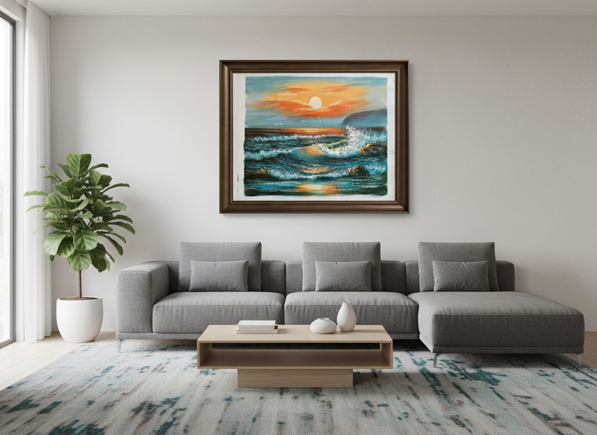Modern living room with a gray sectional sofa, wooden coffee table, and a framed painting of a sunset over water.