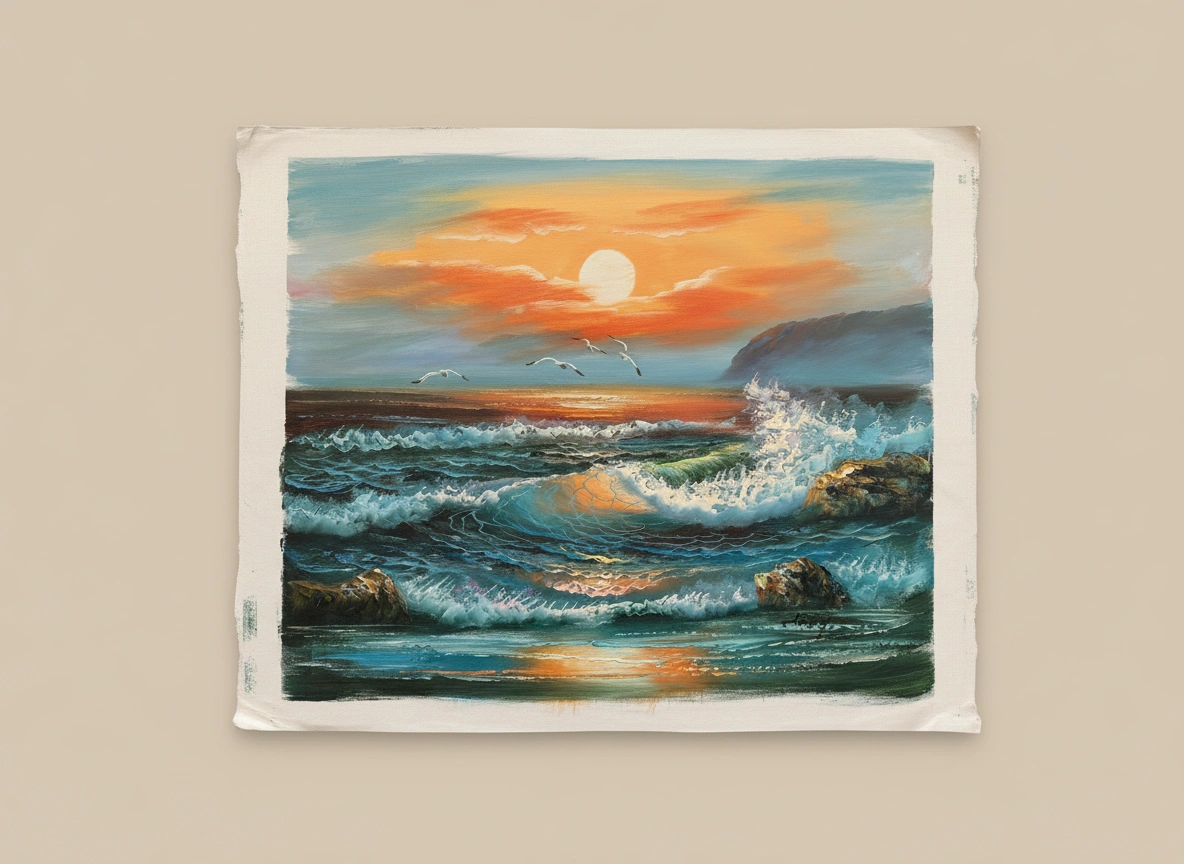 Painting of a sunset over the ocean with waves crashing against rocks on a beige wall.