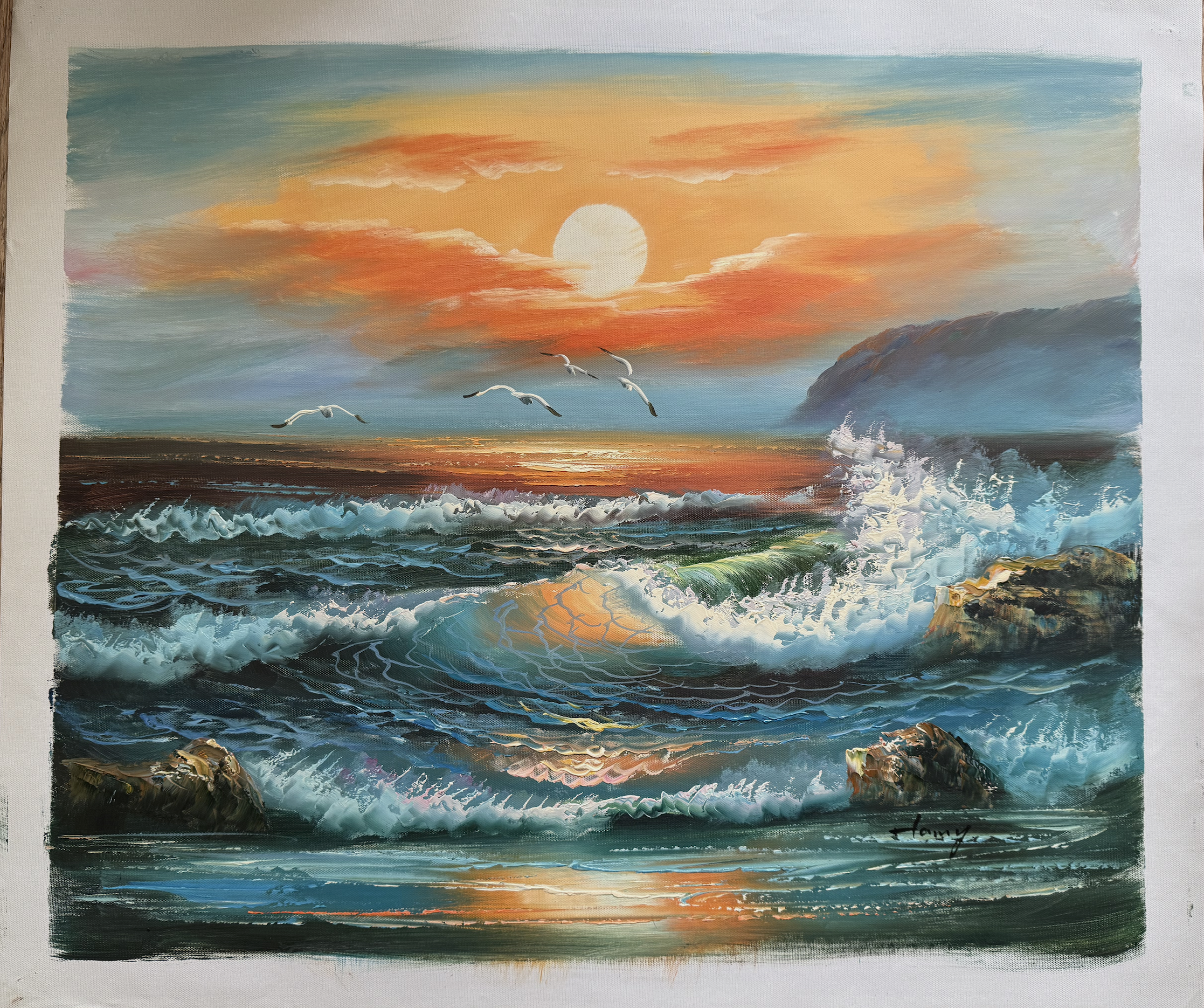 Painting of a sunset over the ocean with waves and rocks.