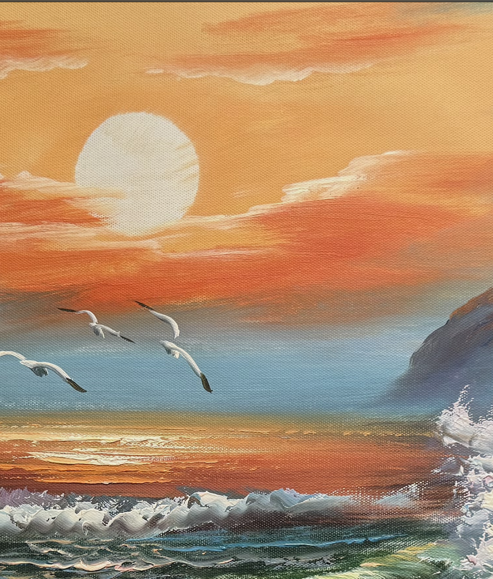 Painting of a sunset over water with birds and a large sun.